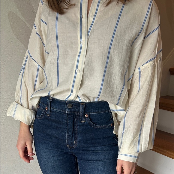 Silky Soft Yellow Blue Stripe Button Down Billowy Blouse - New, Unworn - Picture 7 of 7